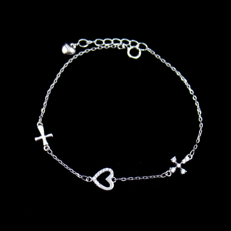 Cross Sterling Silver Heart Bracelet / Lightweight 925 Silver Chain Bracelet